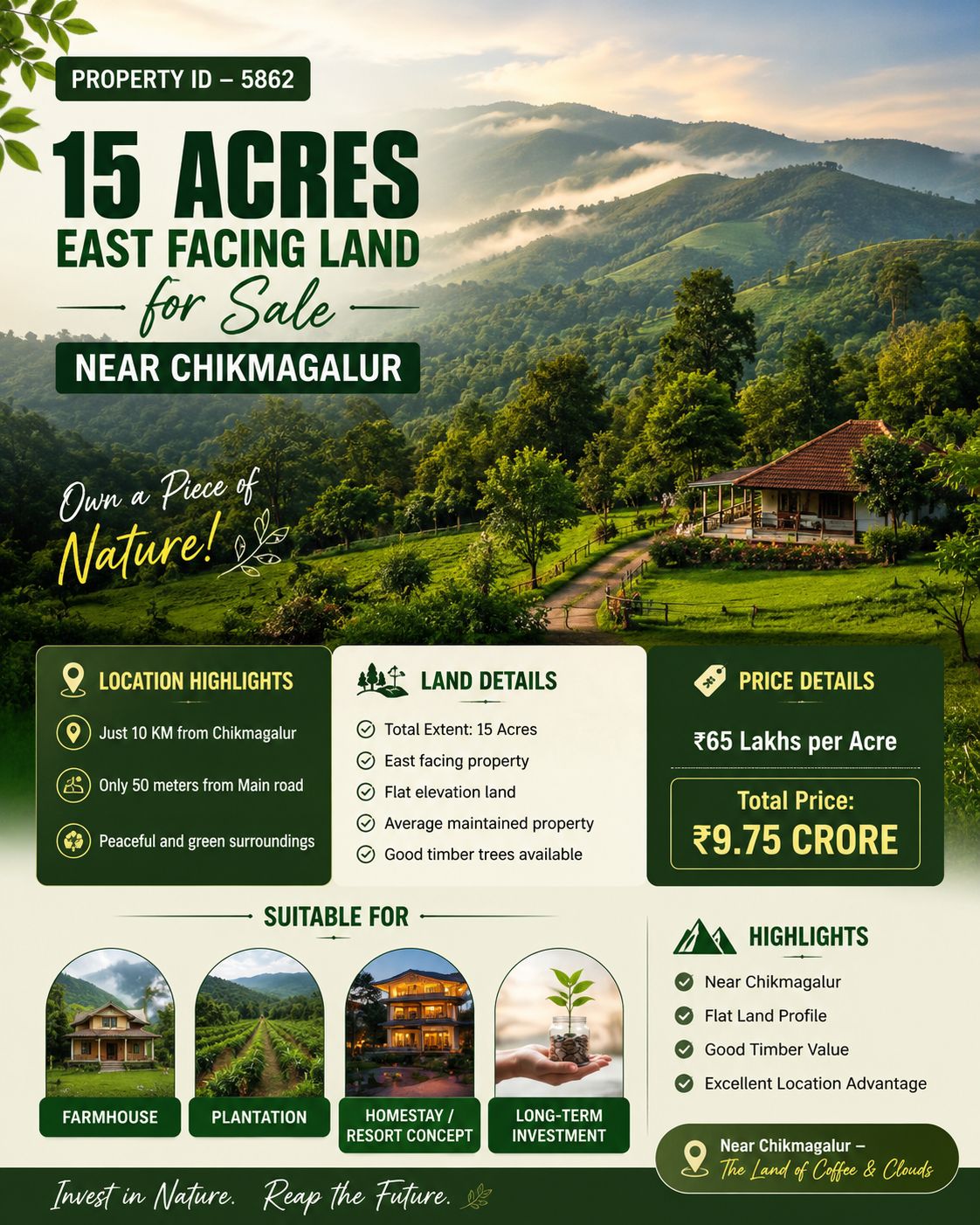 🆔 *PROPERTY ID – 5862* 🌿 *15 Acres East Facing Land for Sale – Near Chikmagalur*